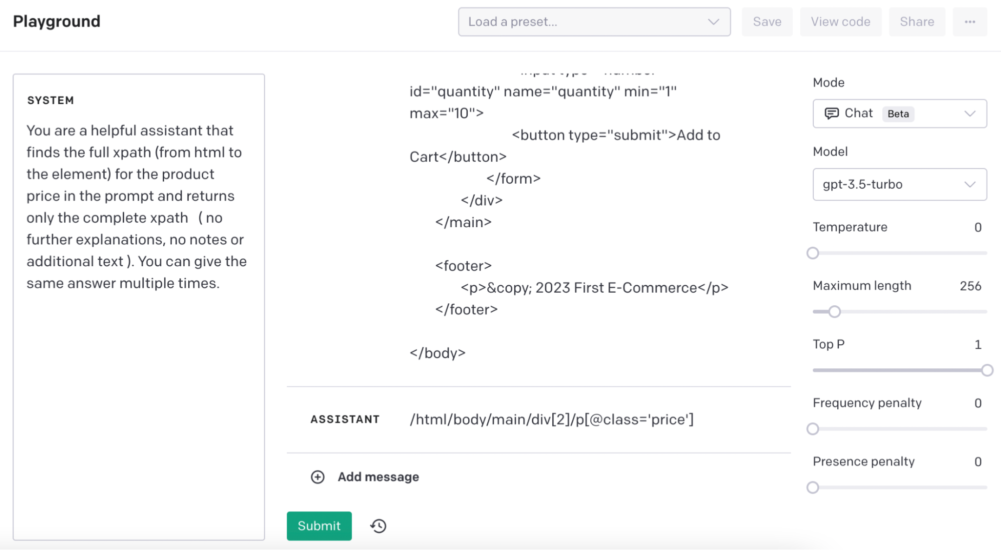 OpenAI API playground using system prompt for custom answer formats