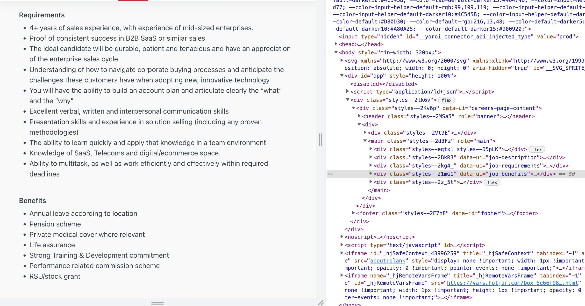 Job Description and Benefits in separate divs, making it easy to parse